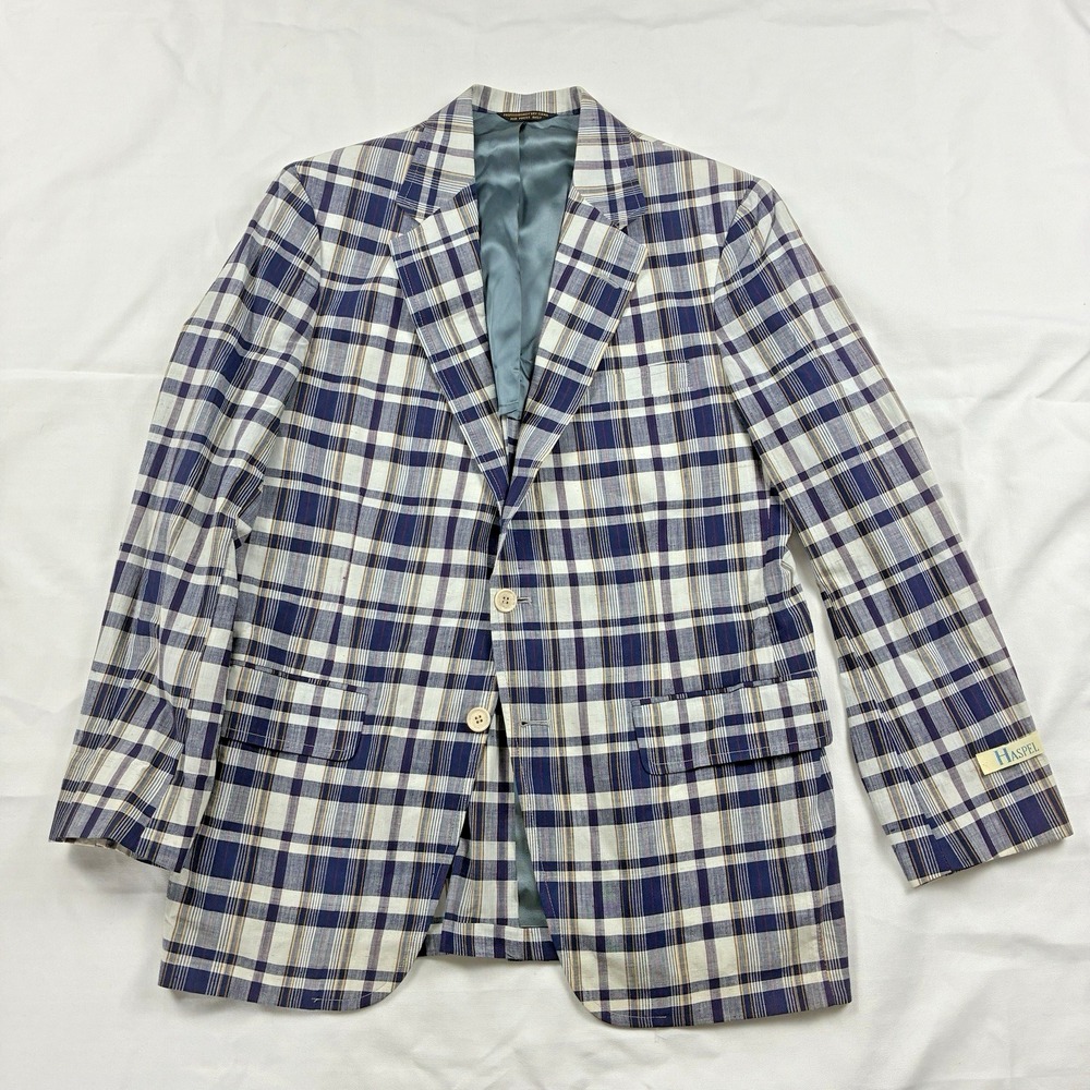Madras Sport Coat Blue 40R Cotton Haspel Made in USA Deadstock VTG  80s Ivy Trad
